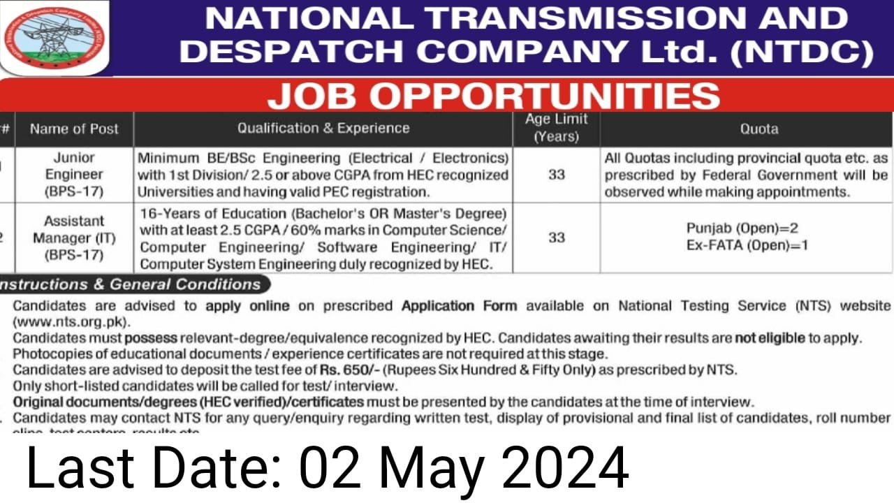 NTDC Jobs 2024 National Transmission & Despatch Company