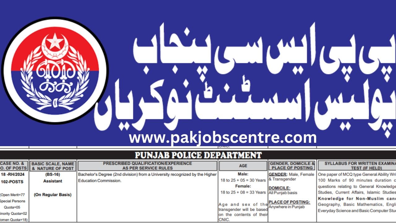 PPSC Punjab Police Assistant Jobs 2024 Online Apply