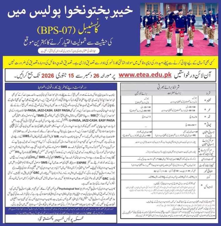 Khyber Pakhtunkhwa Police Constable Jobs 2026 BPS-07