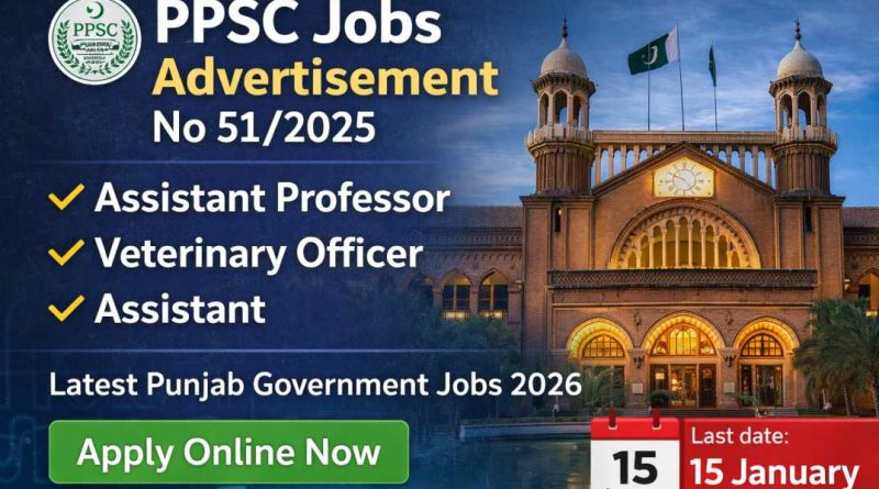PPSC Jobs Advertisement No 51/2025 showing Assistant Professor, Veterinary Officer and Assistant vacancies announced by Punjab Public Service Commission