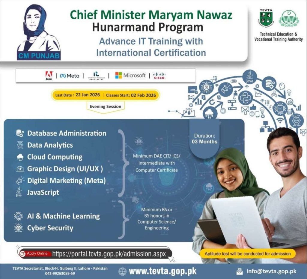 CM Maryam Nawaz Hunarmand Program 2026 Free Advanced IT Training TEVTA Punjab